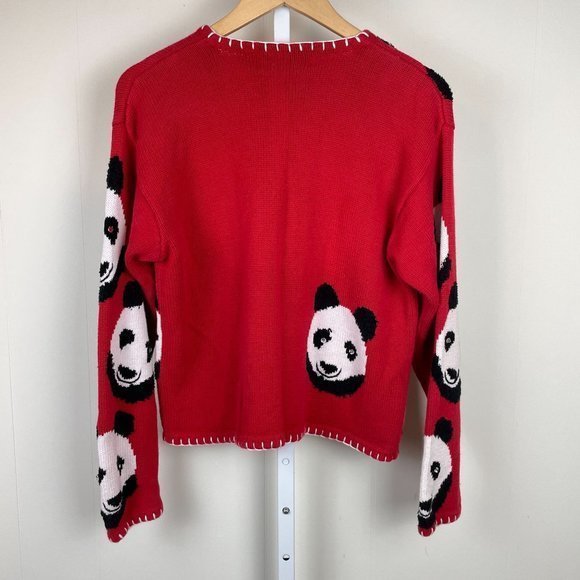 Vintage 90s Belle Pointe Panda Cardigan Sweater Red Black Button Up Size Medium - Picture 7 of 8
